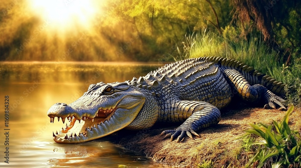 Fototapeta premium Large crocodile basking in golden sunlight by tranquil water.