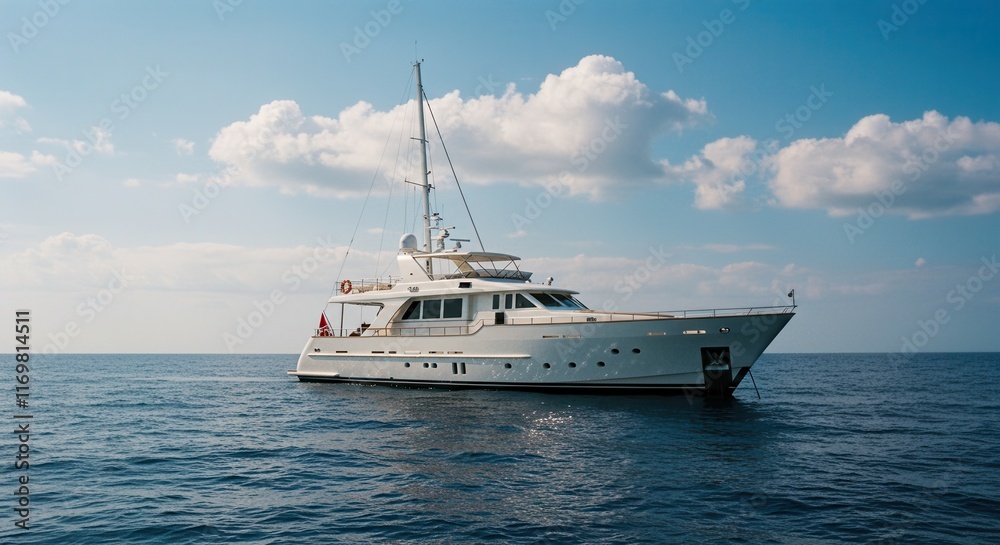 Luxurious yacht sailing on open sea under clear blue sky Luxurious yacht sailing on open sea under clear blue sky
