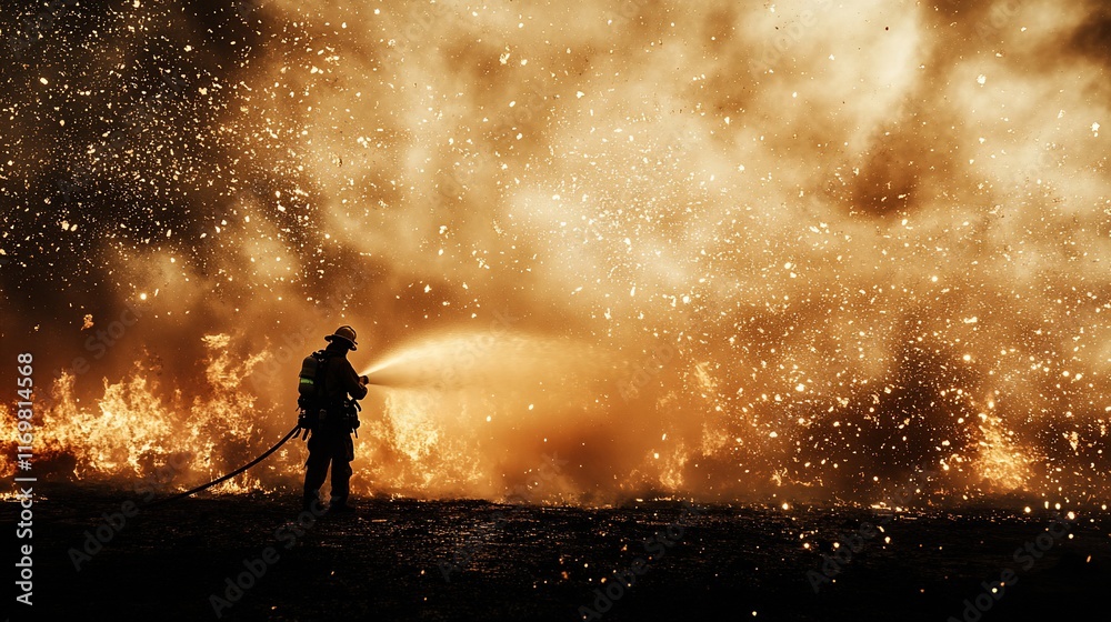 Fototapeta premium Firefighter bravely battles massive inferno, spraying water against intense flames and smoke.