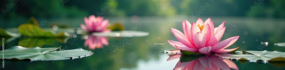 Water lily on tranquil lake surface, with lotus flowers blooming in foreground, lily, serene Water lily on tranquil lake surface, with lotus flowers blooming in foreground, lily, serene