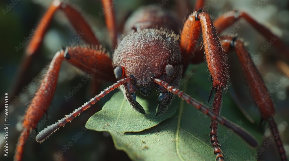 Close-up of a large red ant on a green leaf. Close-up of a large red ant on a green leaf.