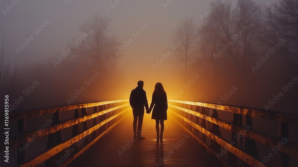Fototapeta premium Couple Holding Hands Walking Foggy Bridge