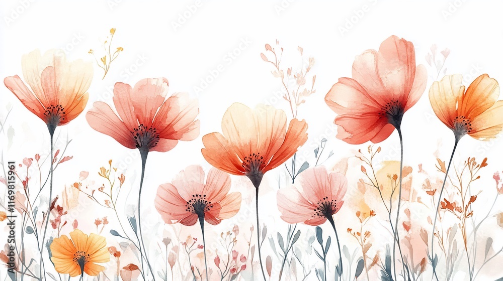 custom made wallpaper toronto digitalWatercolor painting of delicate peach and orange flowers and wildflowers on white background.