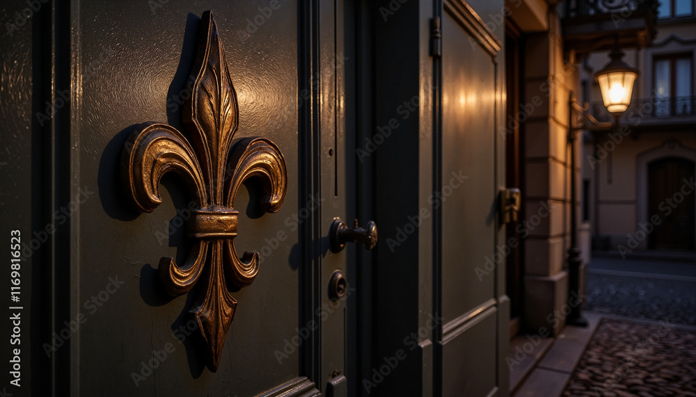 Bold fleur-de-lis emblem on historical door in urban alleyway, symbolism Bold fleur-de-lis emblem on historical door in urban alleyway, symbolism