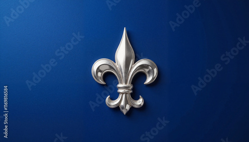 Elegant silver fleur-de-lis on deep royal blue background, sophisticated design