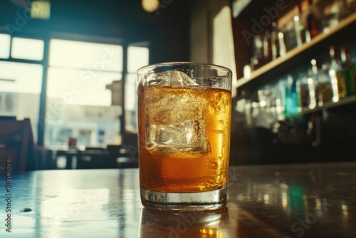 Ice cold tea in a glass on a bar counter, ready to enjoy. Sweet and refreshing beverage for warm days. photo