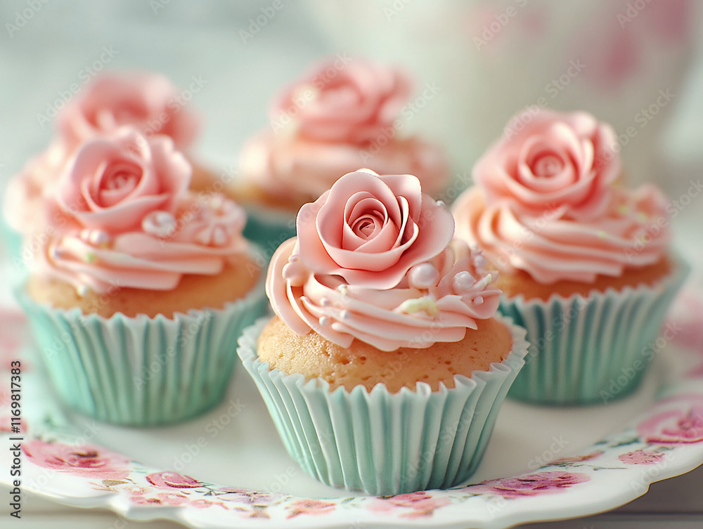 A closeup of a delicious cup cake with a perfectly formed icing rose flower celebrating professional baking design A closeup of a delicious cup cake with a perfectly formed icing rose flower celebrating professional baking design