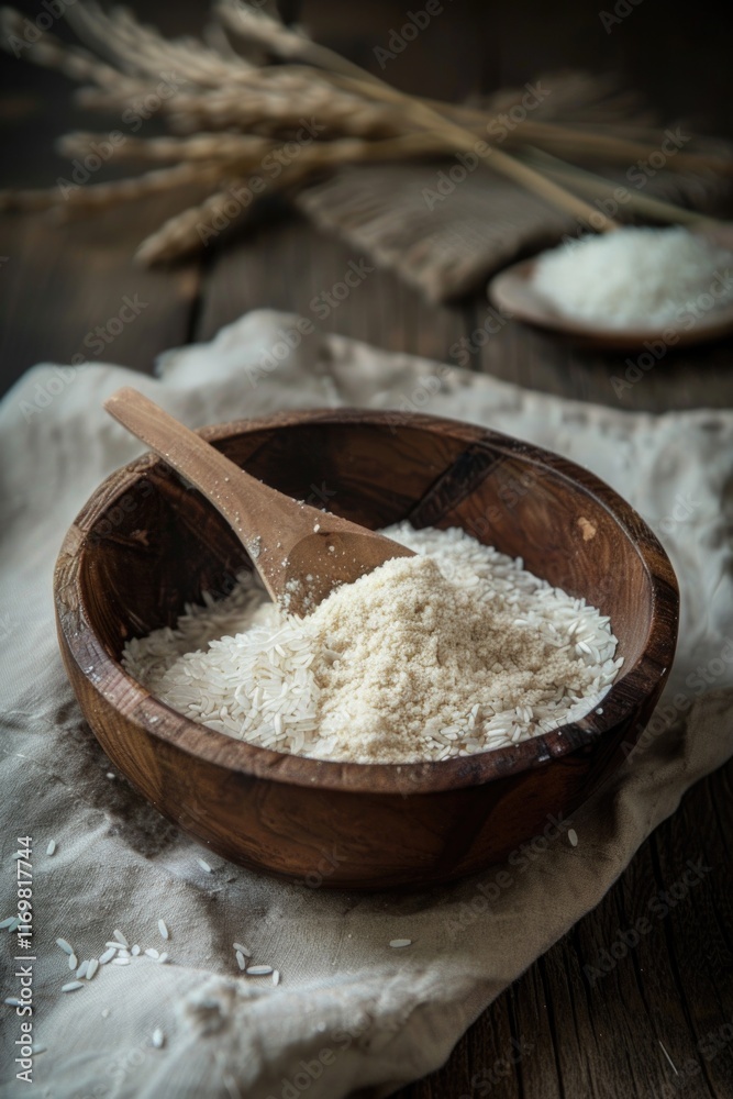 Close-up of wooden bowl filled with flour and sugar, ready for baking or cooking. Close-up of wooden bowl filled with flour and sugar, ready for baking or cooking.
