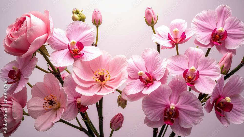 Exquisite Pink Floral Arrangement: Peonies, Cherry Blossoms, Roses, and Orchids on White Background for Elegant Design Projects