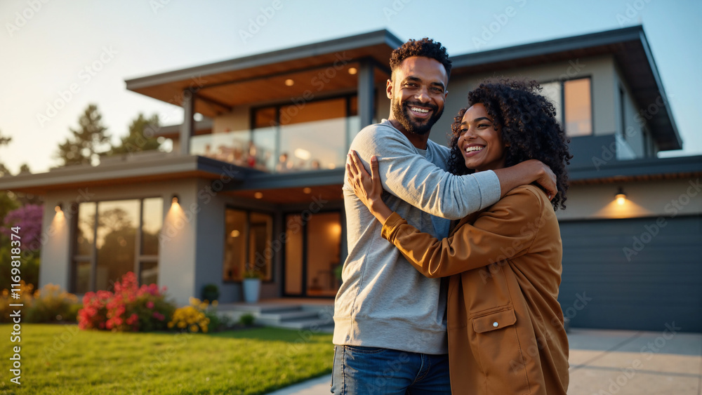 Joyful Couple Embracing in Front of Modern Dream Home: Perfect for Real Estate Marketing and Home Ownership Campaigns Joyful Couple Embracing in Front of Modern Dream Home: Perfect for Real Estate Marketing and Home Ownership Campaigns