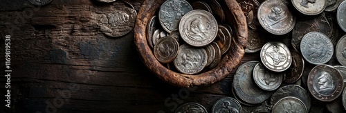 A wide banner depicting an ancient Roman coin hoard in a wooden pot, set against a vintage backdrop, representing the concepts of Rome, antiquity, empire, texture, and civilization. photo