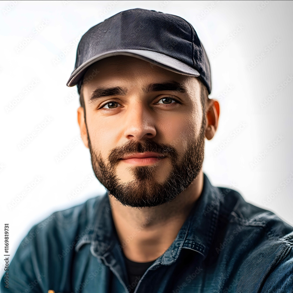 a man Freight Dynamics Analyst wearing a cap frontal view white background a man Freight Dynamics Analyst wearing a cap frontal view white background