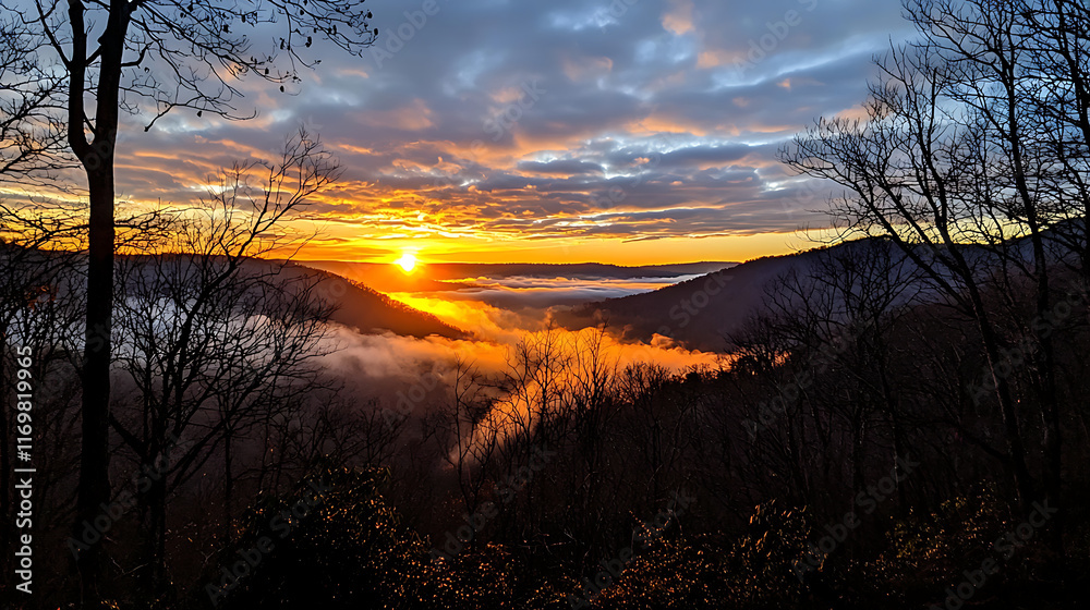 A beautiful sunset over a mountain range with a foggy mist. generated using AI A beautiful sunset over a mountain range with a foggy mist. generated using AI