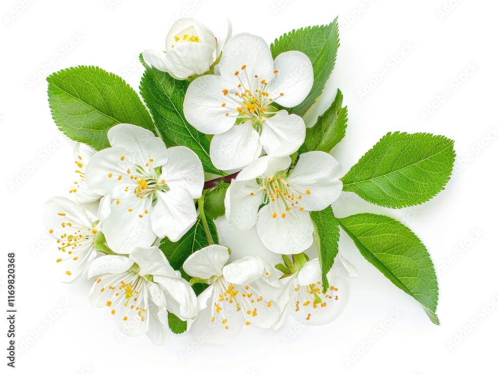 Obraz premium A group of white pear blossoms with green leaves.