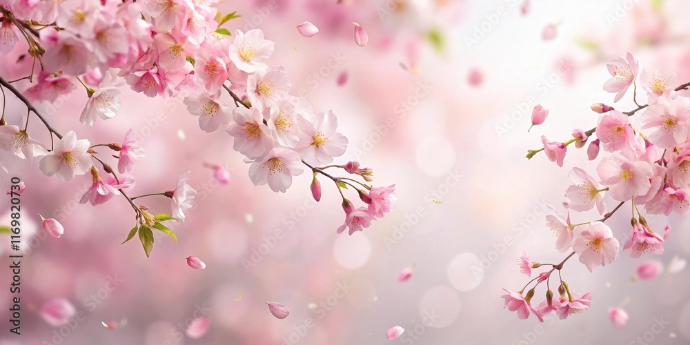 Fototapeta premium delicate pink sakura petals gently falling from a blooming tree against a soft white background , nature scene, flowers falling