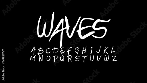 Dynamic and expressive hand-drawn typeface "Waves" with a fluid, casual style. Ideal for logos, posters, apparel, branding, or creative projects requiring a bold yet playful aesthetic