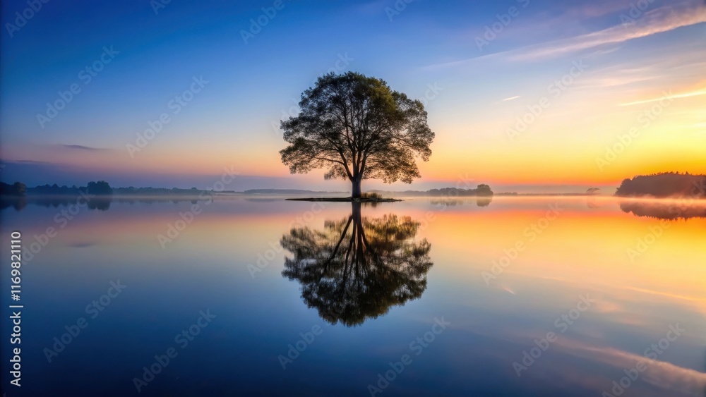 A serene reflection of a towering tree's silhouette on the calm surface of a still lake at dawn , dawn, forest, dawn A serene reflection of a towering tree's silhouette on the calm surface of a still lake at dawn , dawn, forest, dawn