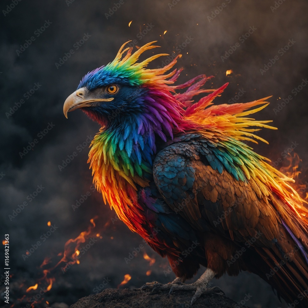 Fototapeta premium A phoenix with rainbow-colored flames, signifying hope and renewal.