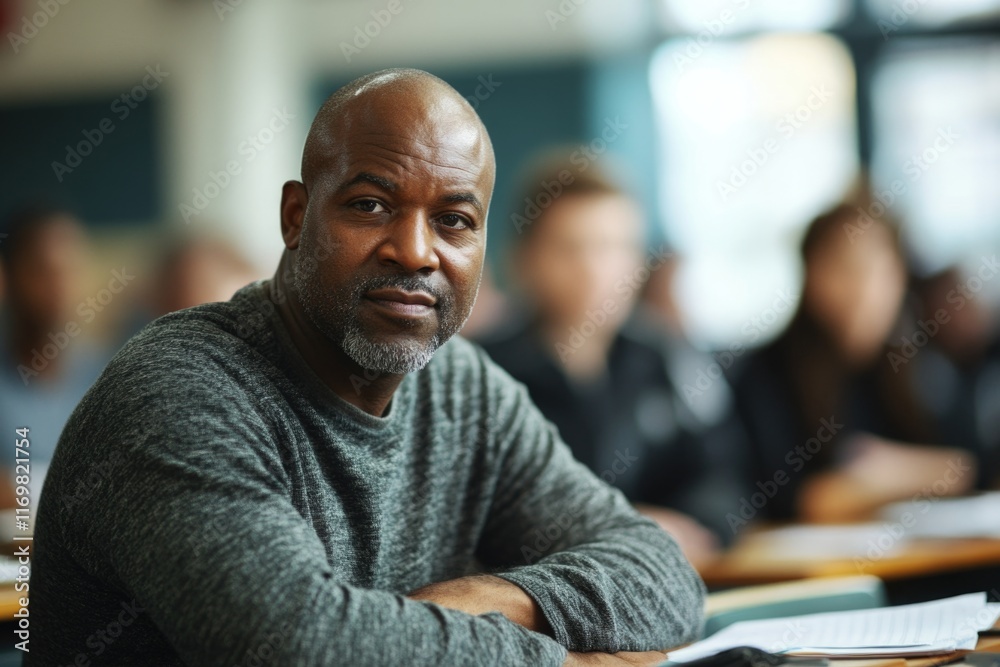 A man with a beard looking thoughtful in an educational setting A man with a beard looking thoughtful in an educational setting
