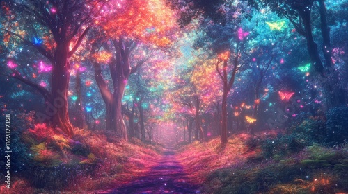 Magical forest path with colorful butterflies.