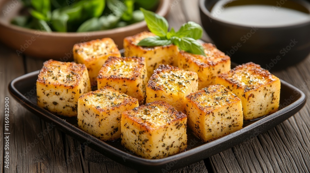 Rustic appetizer platter featuring herb-infused cheese cubes, paired with a drizzle of olive oil and fresh basil leaves, on a wooden table Rustic appetizer platter featuring herb-infused cheese cubes, paired with a drizzle of olive oil and fresh basil leaves, on a wooden table