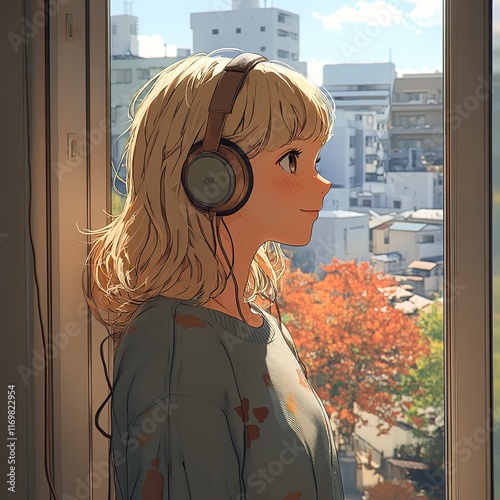 Listening to music in a vibrant city anime character digital art urban environment close-up view serenity and connection photo