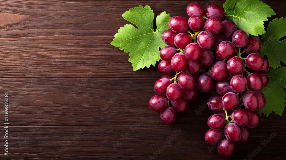 Rustic wooden surface adorned with a lush cluster of ripe red grapes and vivid green leaves, capturing a natural and wholesome aesthetic