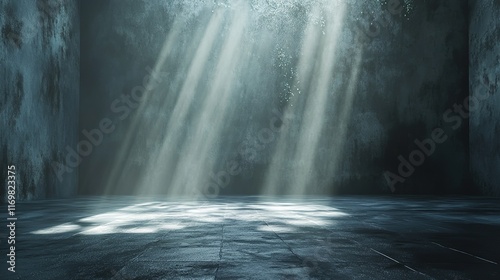 Mysterious light beams illuminate abandoned space dark room digital art isolated environment dramatic viewpoint conceptual imagery