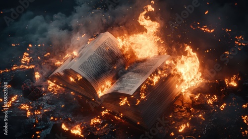 Burning book engulfed in flames and smoke, representing destruction, loss, and chaos, with fiery sparks flying, intense scene Concept photo