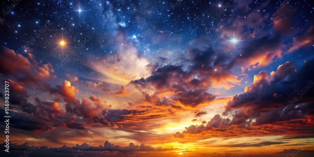 Naklejka premium Evening sky with dark clouds and stars , sunset, celestial bodies, sunset