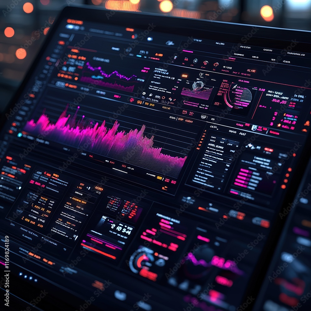 Analyzing data trends and visualizations digital workspace infographic modern office environment high-tech viewpoint