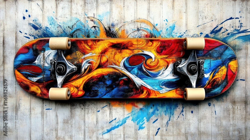 Fototapeta premium Abstract art painted longboard skateboard on grunge wall.
