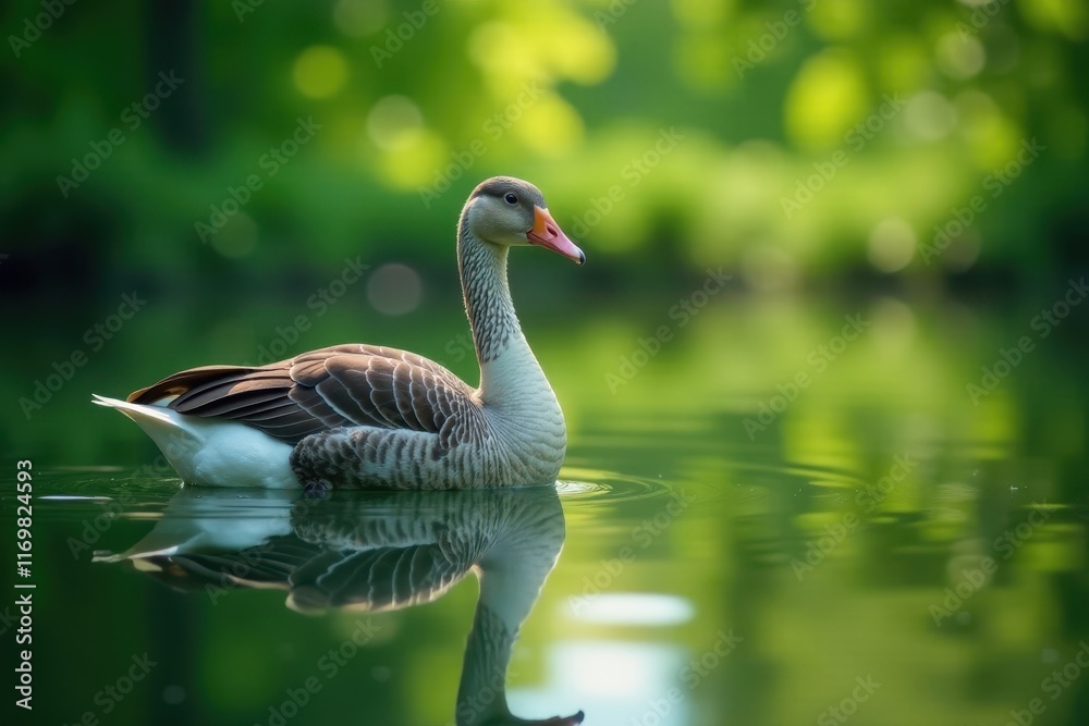 Graceful goose by tranquil lake, vibrant summer greenery mirrored, beautiful, bird, wildlife Graceful goose by tranquil lake, vibrant summer greenery mirrored, beautiful, bird, wildlife