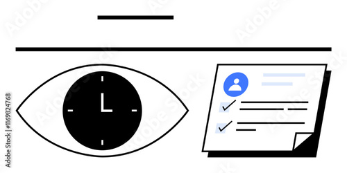 Eye with clock next to a profile checklist with checkmarks emphasizing time tracking, task management, and focus. Ideal for productivity, planning, deadlines, scheduling, personal development, goal