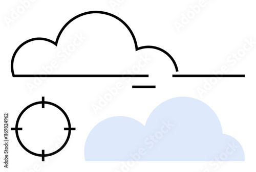 Abstract cloud outlines with blue cloud shape and target element. Ideal for weather, goals, simplicity, nature, technology futurism minimalism. Line metaphor. Line metaphor. Simple line icons