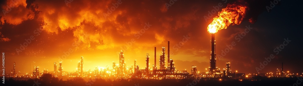 Fototapeta premium Industrial oil refinery blaze urban cityscape high-resolution image sunset environment dramatic viewpoint energy concept