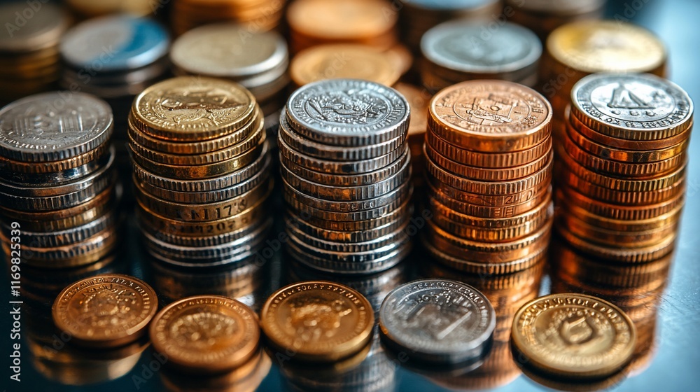 Stacks of various coins reflecting on a surface Stacks of various coins reflecting on a surface