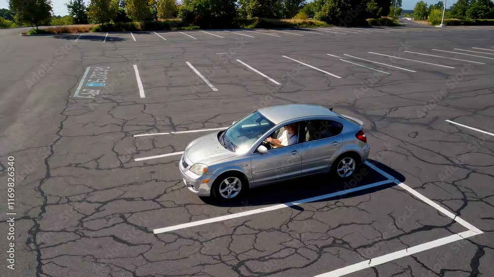 Car driving through an empty parking lot with marked lanes, ideal for driving lessons