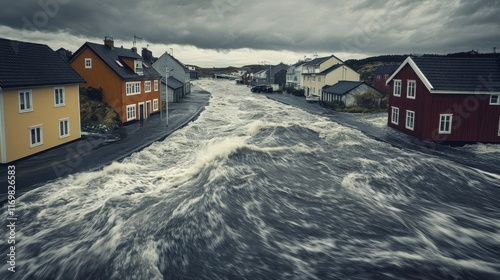 Fototapeta Naklejka Na Ścianę i Meble -  Storm Flooding in Small Coastal Village Streets