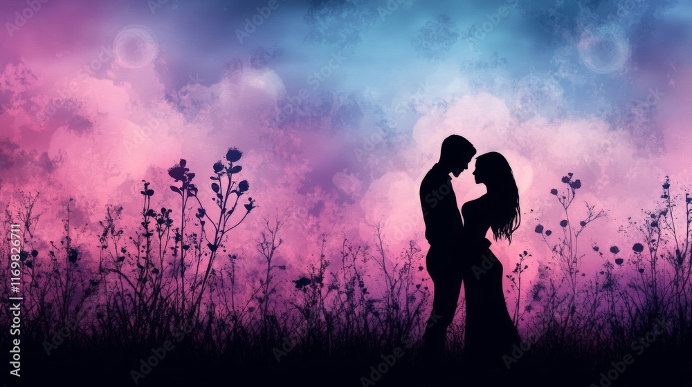 Silhouetted Couple Embracing Underneath a Twilight Sky Silhouetted Couple Embracing Underneath a Twilight Sky