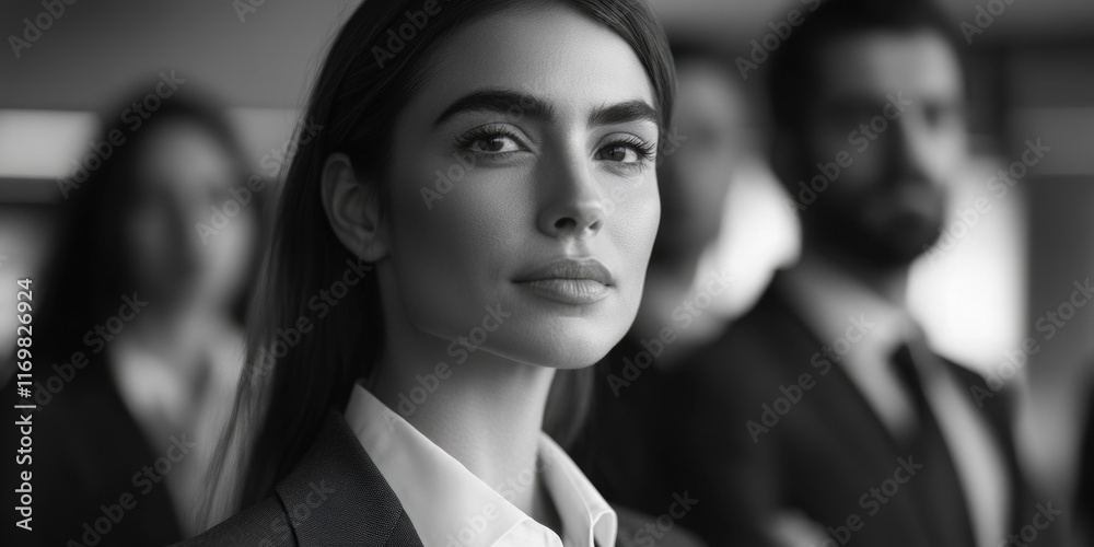 Woman in business wear looking serious, possibly at a corporate event or meeting. Woman in business wear looking serious, possibly at a corporate event or meeting.