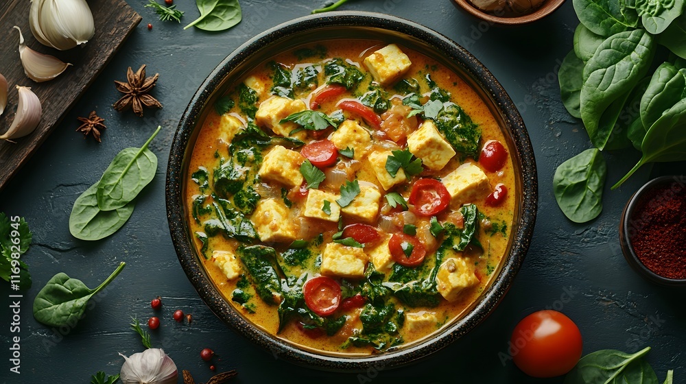 A Rustic Presentation of Creamy Saag Paneer Surrounded by Fresh Ingredients Celebrating the Vibrant Indian Culinary Arts A Rustic Presentation of Creamy Saag Paneer Surrounded by Fresh Ingredients Celebrating the Vibrant Indian Culinary Arts