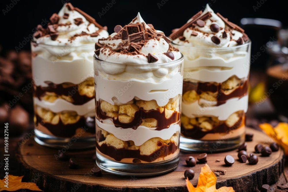 Trio of Decadent Dessert Parfaits With Layers of Chocolate, Banana, And Whipped Cream Trio of Decadent Dessert Parfaits With Layers of Chocolate, Banana, And Whipped Cream