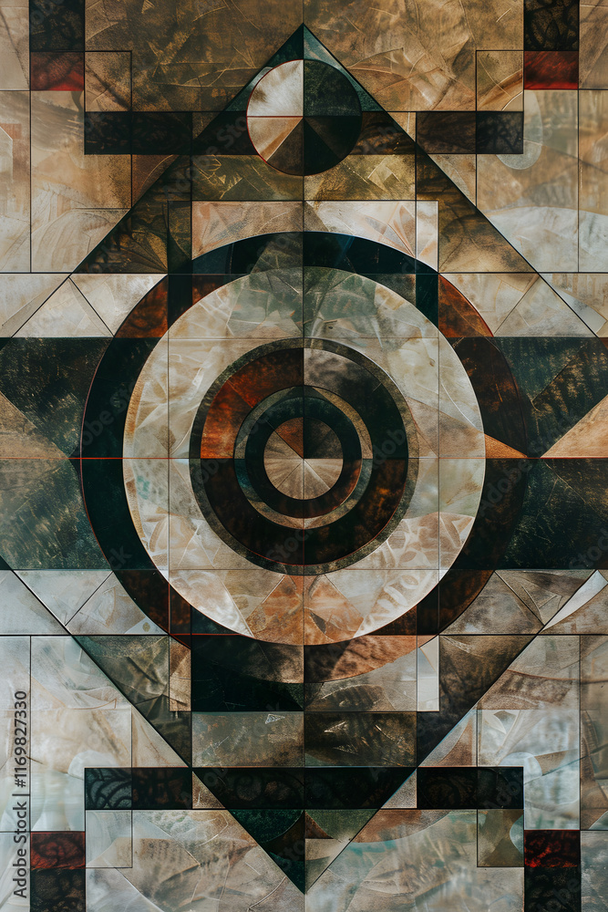 Interplay of Circles, Squares, and Triangles Forming a Symmetrical, Depth-Filled Geometric Pattern Interplay of Circles, Squares, and Triangles Forming a Symmetrical, Depth-Filled Geometric Pattern