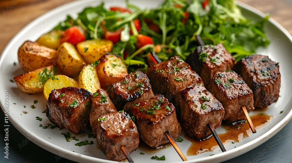 A Gourmet Display of Artfully Plated Beef Kebabs with Savory Glaze Accompanied by Roasted Potatoes and Fresh Salad for Dinner Party Delights A Gourmet Display of Artfully Plated Beef Kebabs with Savory Glaze Accompanied by Roasted Potatoes and Fresh Salad for Dinner Party Delights