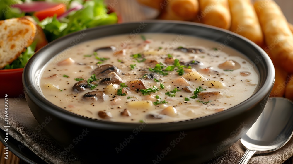 A Delicious and Inviting Bowl of Creamy Mushroom Soup Perfect for Any Meal of the Day A Delicious and Inviting Bowl of Creamy Mushroom Soup Perfect for Any Meal of the Day