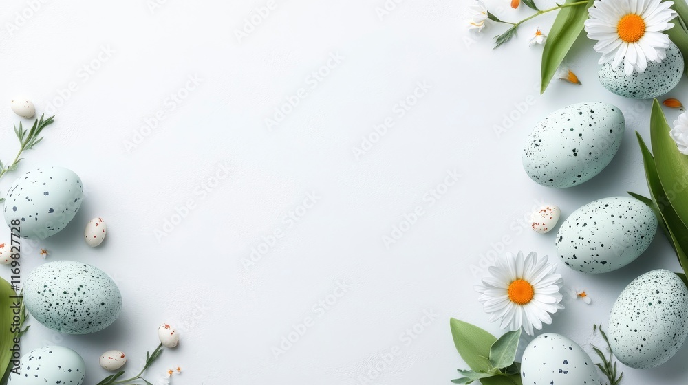 Beautifully arranged pastel Easter eggs and daisies creating a serene springtime border on a soft background Beautifully arranged pastel Easter eggs and daisies creating a serene springtime border on a soft background