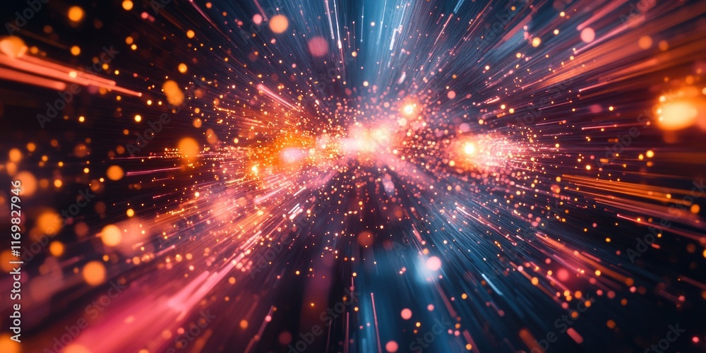 Fototapeta premium Dynamic digital backdrop with vibrant explosive effects and a multitude of colorful particles creating an energetic, high-tech atmosphere.