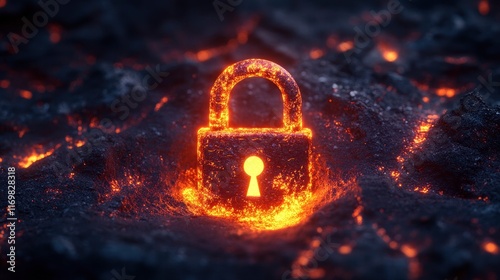 A glowing padlock emerges from molten lava in an abstract representation of security and protection against threats