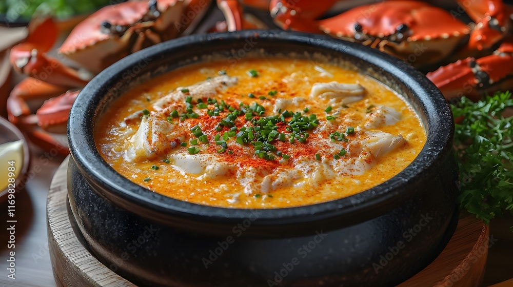 Exquisite Presentation of Velvety Crab Bisque Topped with Paprika and Chives Exquisite Presentation of Velvety Crab Bisque Topped with Paprika and Chives